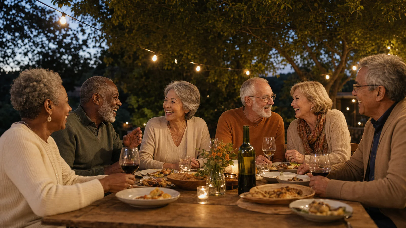 A group of retired friends sharing dinner on a patio at dusk.