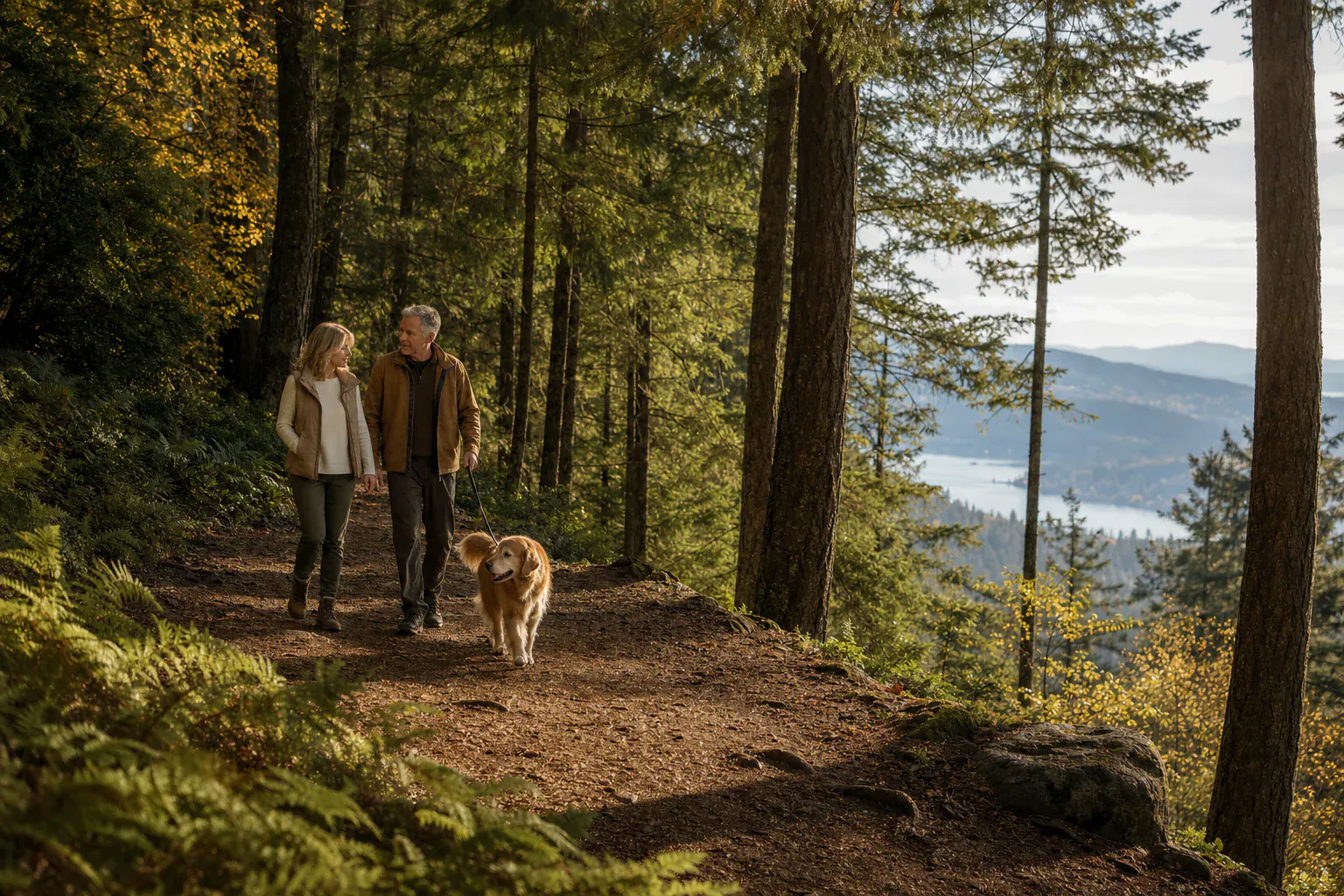A couple nearing retirement hiking a forest trail with their dog.