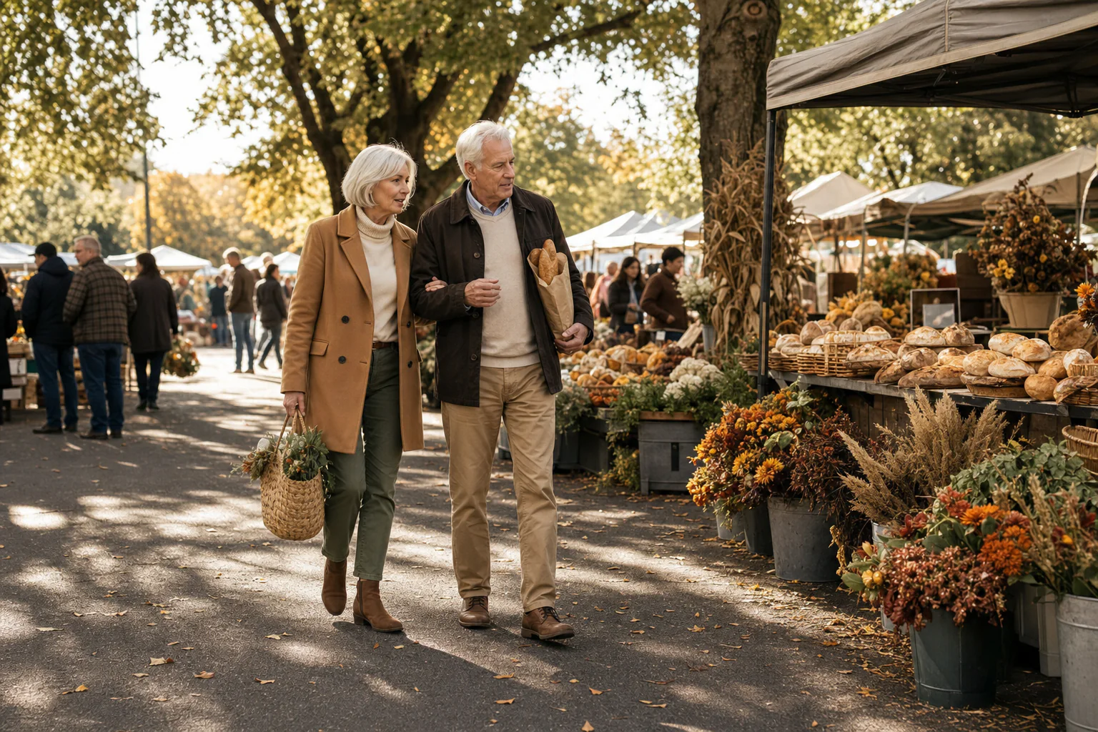 A retired couple walking together through a neighborhood farmers market.